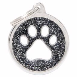 My Family Large Dog Tag Shine Dark Grey Glitter Circle with Paw